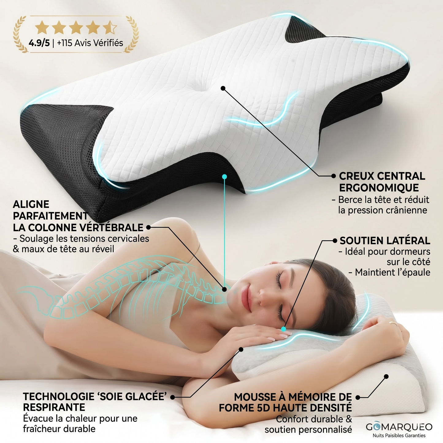 Oreiller ergonomique blanc pour un sommeil confortable et nuits paisibles